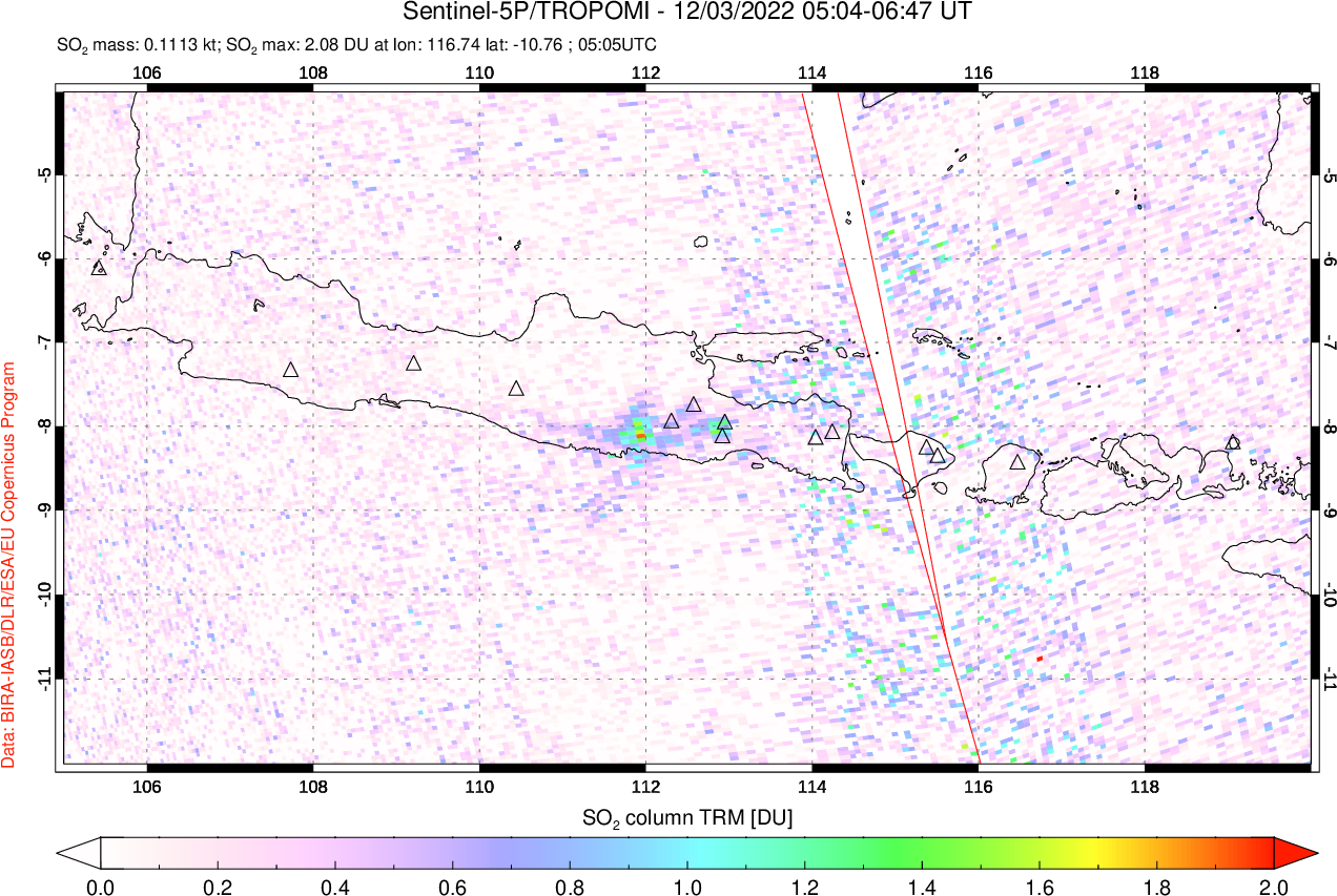 A sulfur dioxide image over Java, Indonesia on Dec 03, 2022.
