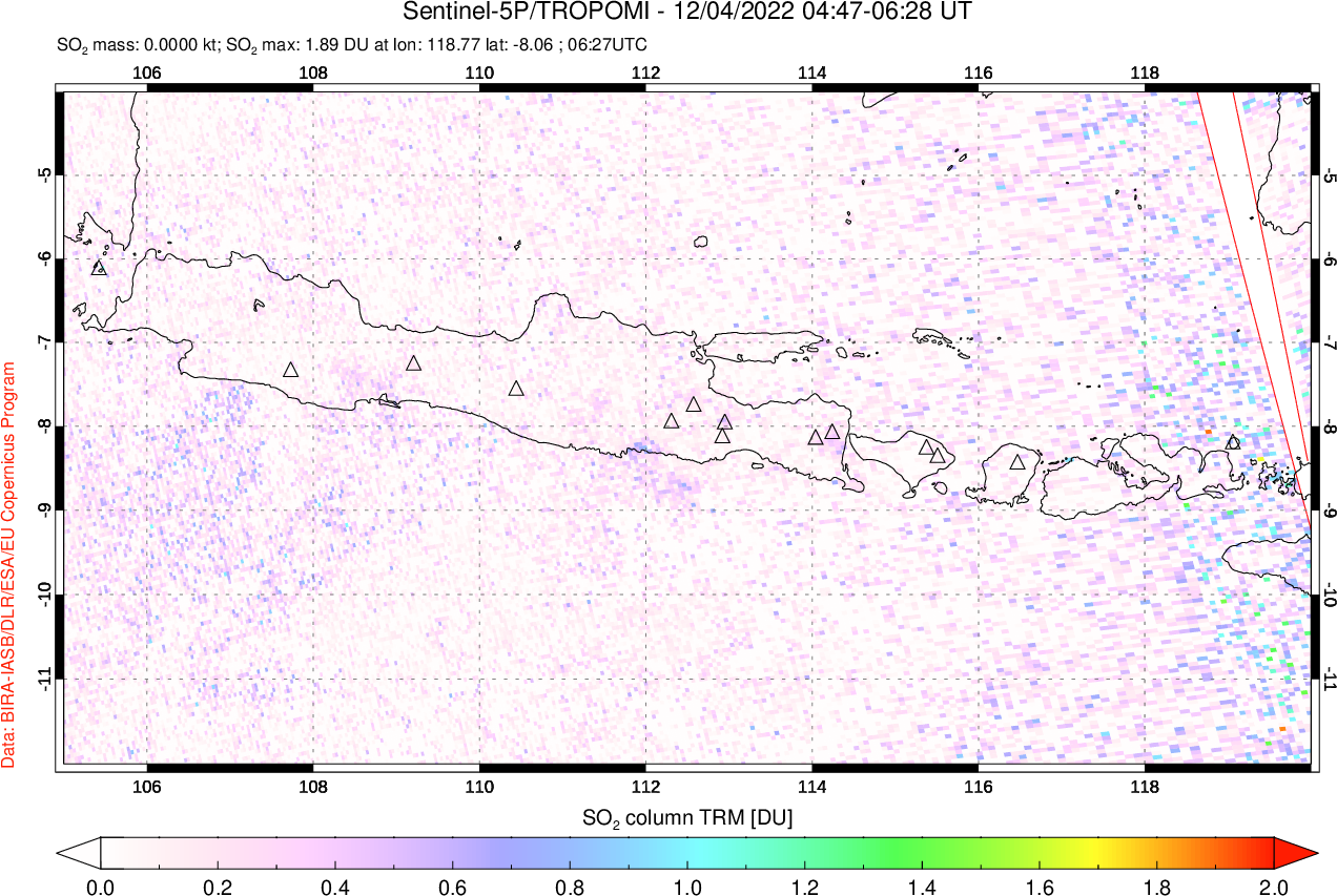 A sulfur dioxide image over Java, Indonesia on Dec 04, 2022.
