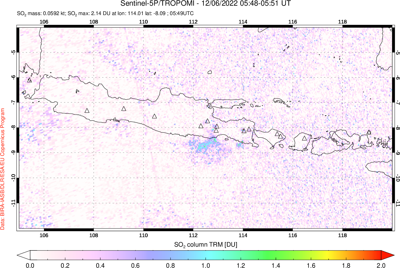 A sulfur dioxide image over Java, Indonesia on Dec 06, 2022.