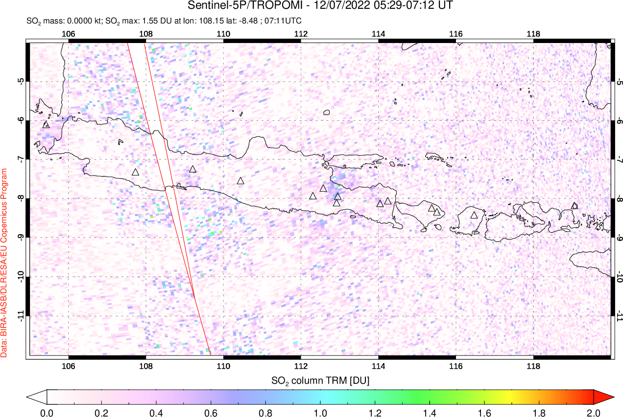 A sulfur dioxide image over Java, Indonesia on Dec 07, 2022.