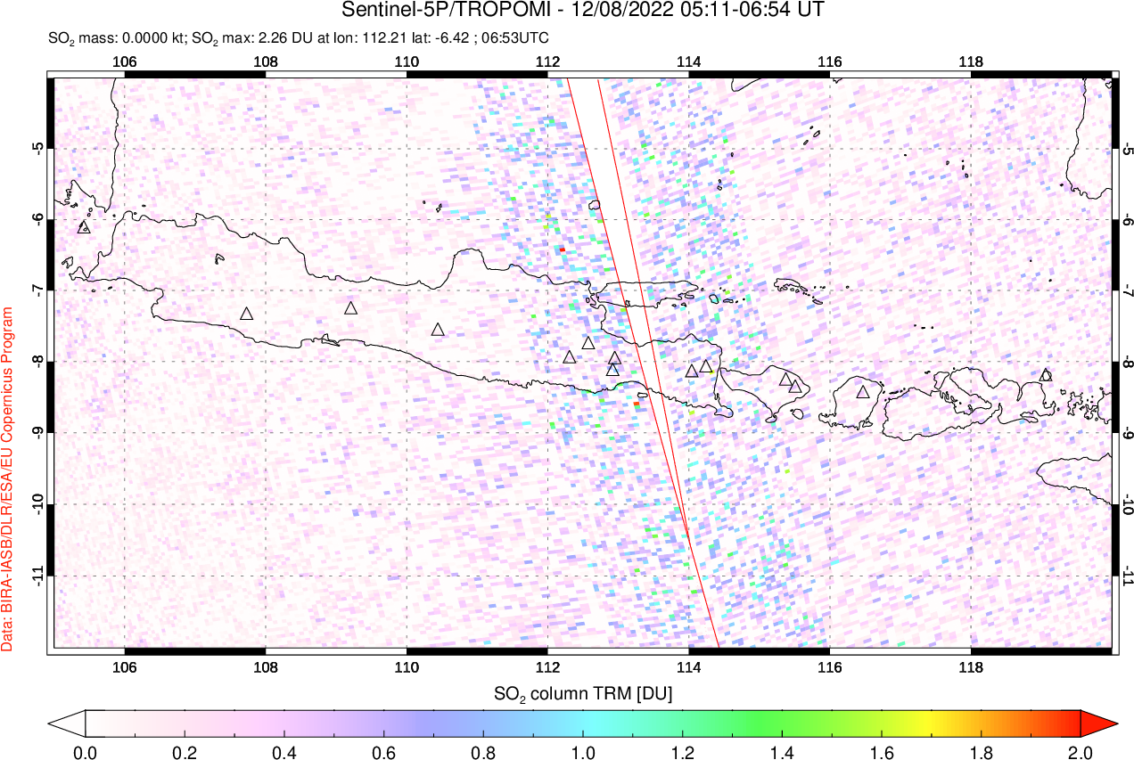 A sulfur dioxide image over Java, Indonesia on Dec 08, 2022.