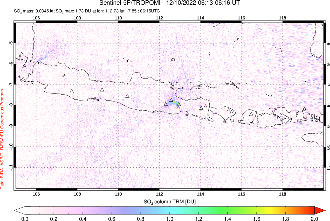 A sulfur dioxide image over Java, Indonesia on Dec 10, 2022.