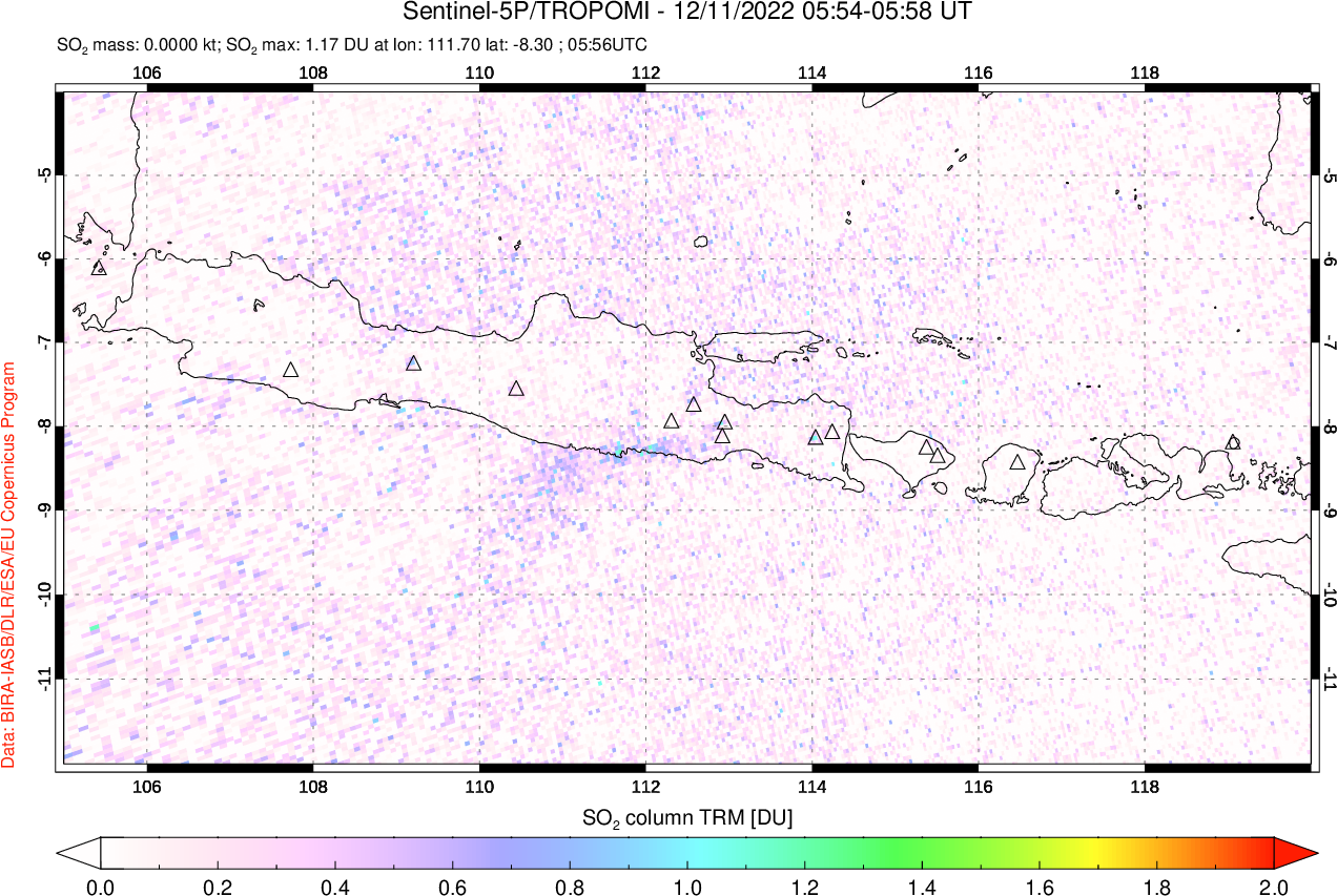 A sulfur dioxide image over Java, Indonesia on Dec 11, 2022.