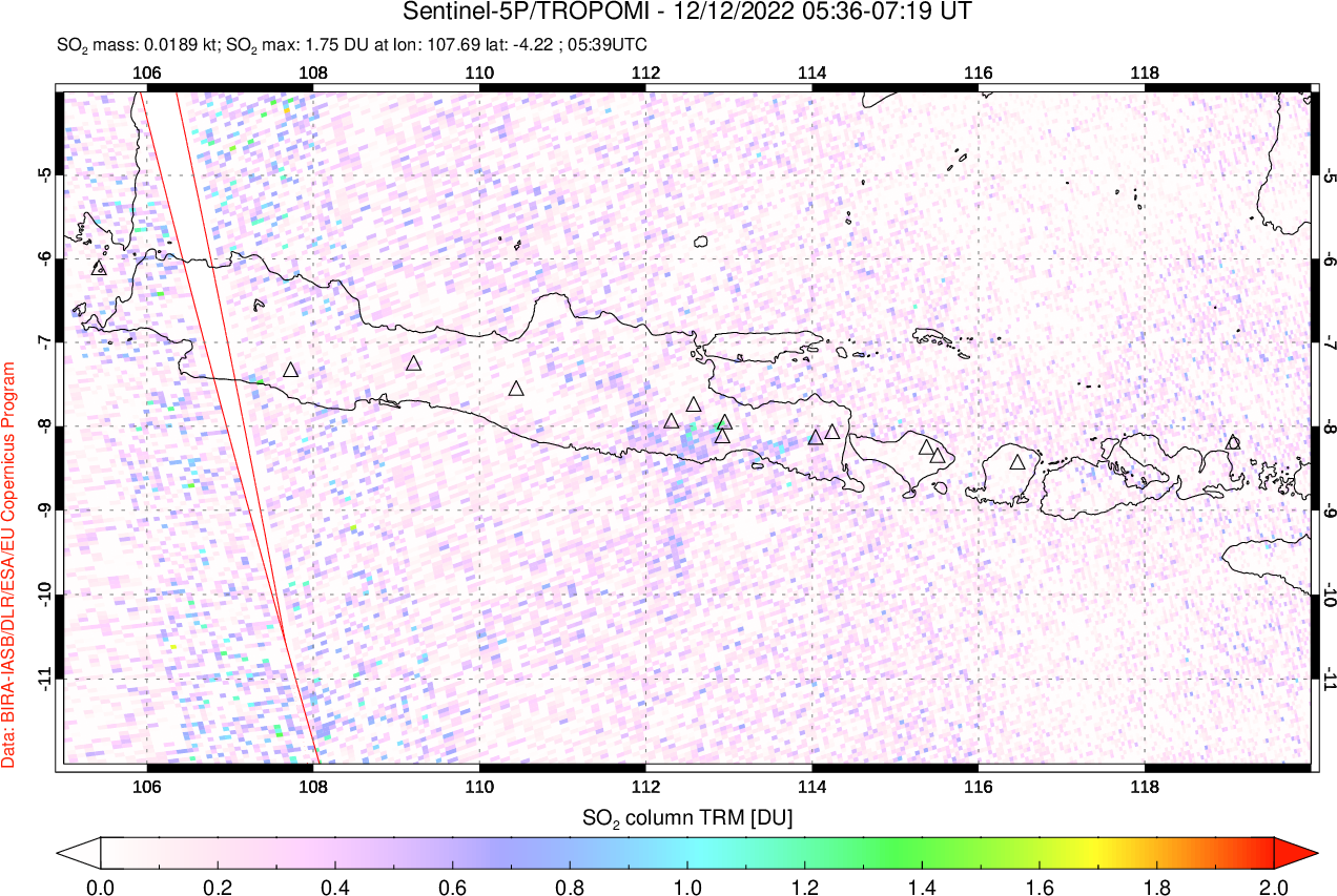 A sulfur dioxide image over Java, Indonesia on Dec 12, 2022.