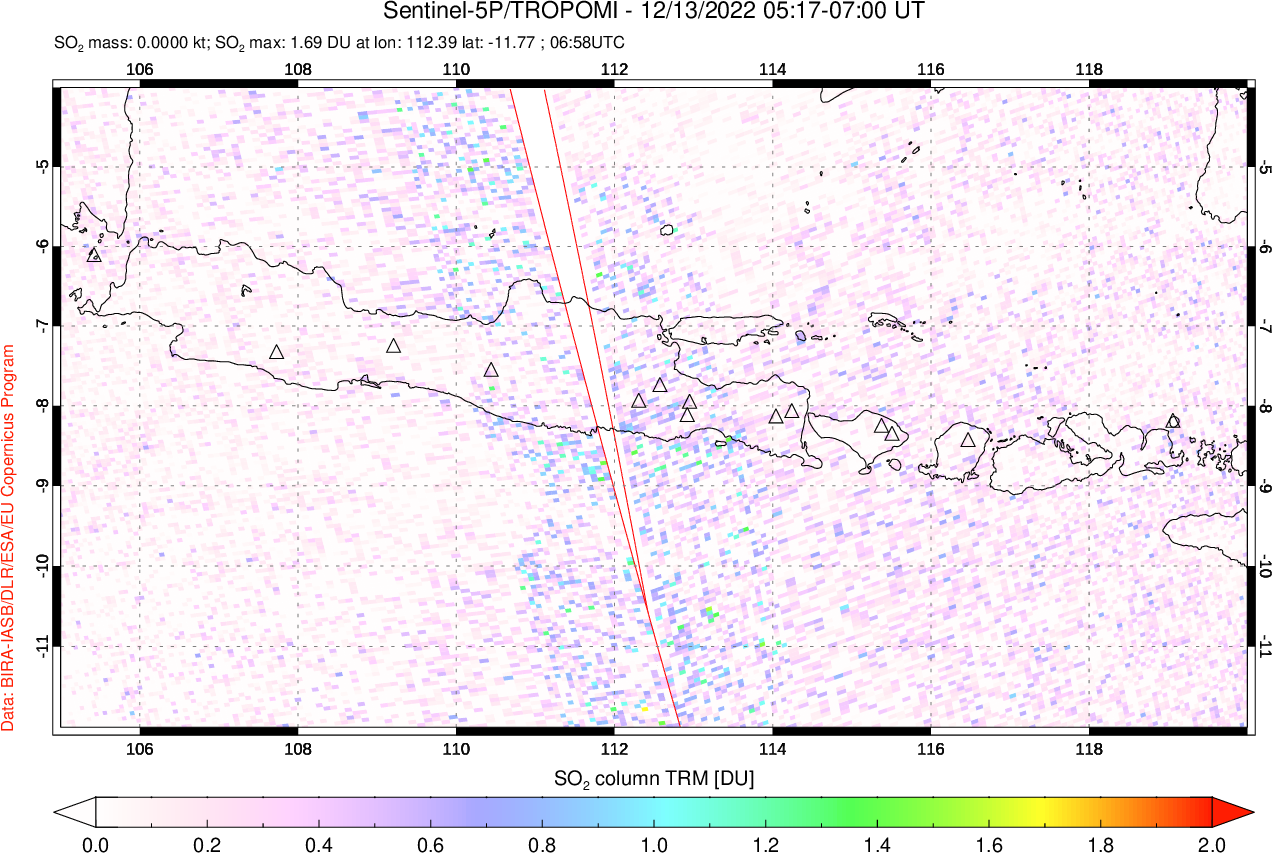 A sulfur dioxide image over Java, Indonesia on Dec 13, 2022.