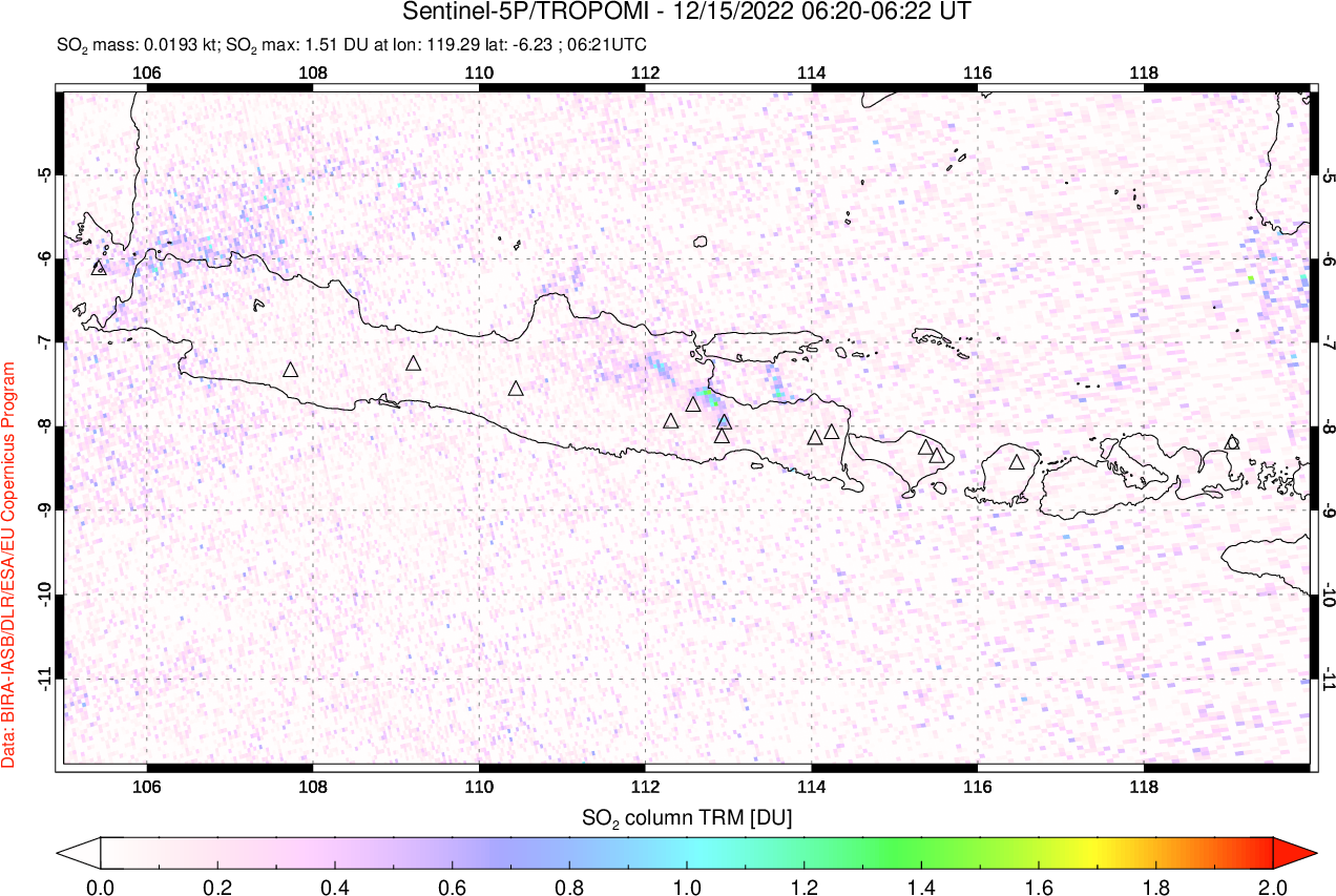 A sulfur dioxide image over Java, Indonesia on Dec 15, 2022.