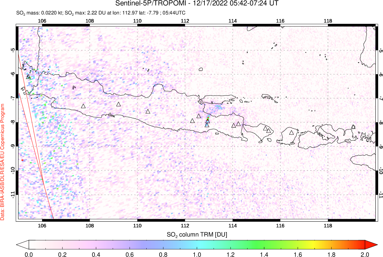 A sulfur dioxide image over Java, Indonesia on Dec 17, 2022.