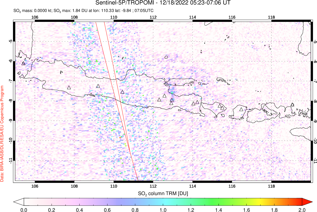A sulfur dioxide image over Java, Indonesia on Dec 18, 2022.