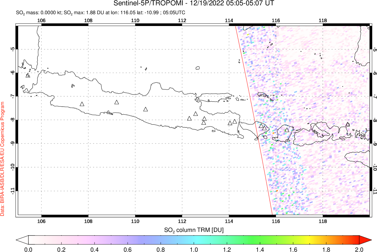 A sulfur dioxide image over Java, Indonesia on Dec 19, 2022.