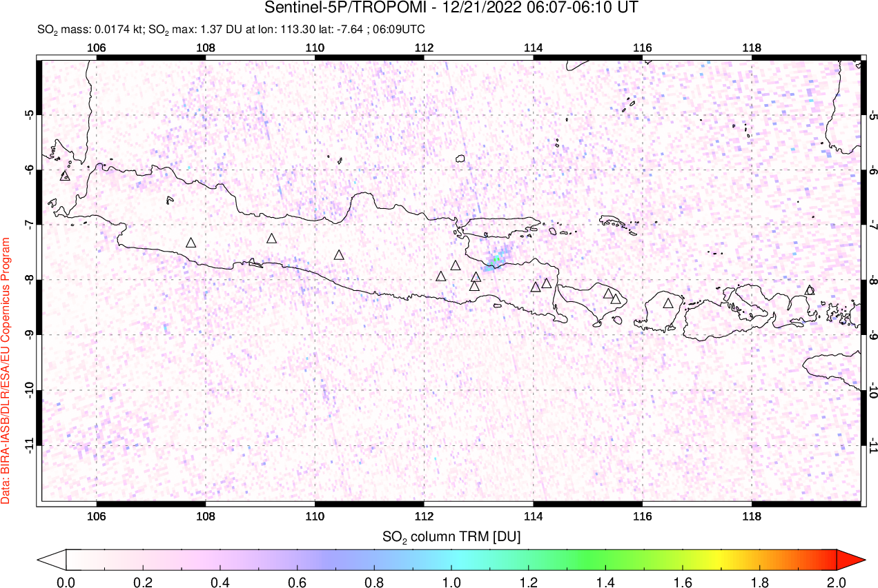 A sulfur dioxide image over Java, Indonesia on Dec 21, 2022.