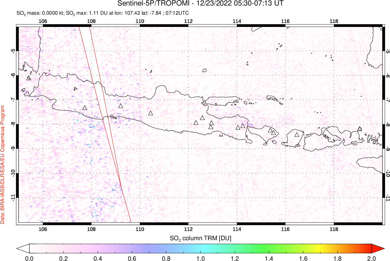 A sulfur dioxide image over Java, Indonesia on Dec 23, 2022.