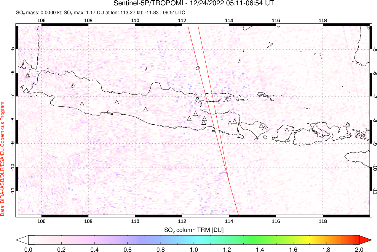 A sulfur dioxide image over Java, Indonesia on Dec 24, 2022.