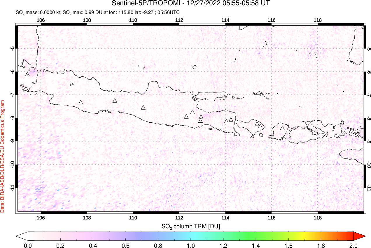 A sulfur dioxide image over Java, Indonesia on Dec 27, 2022.