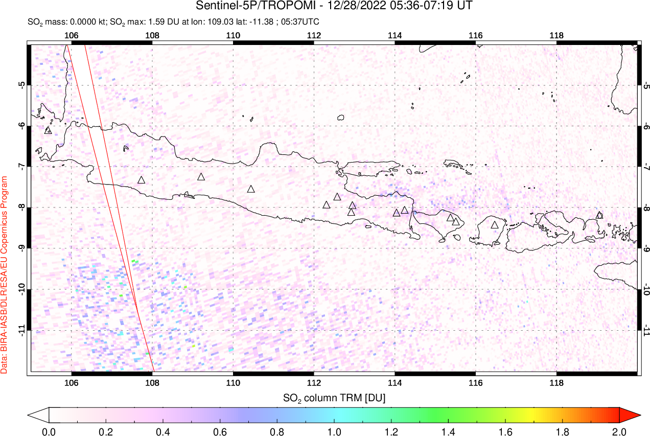 A sulfur dioxide image over Java, Indonesia on Dec 28, 2022.