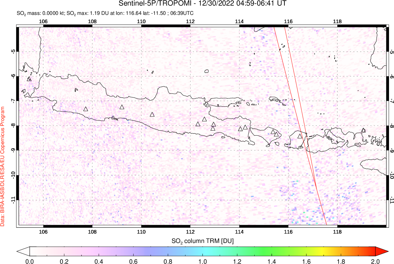 A sulfur dioxide image over Java, Indonesia on Dec 30, 2022.