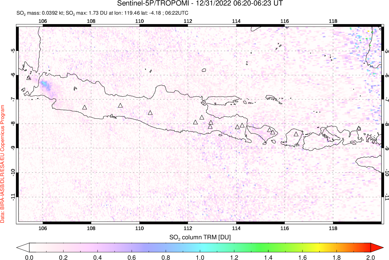 A sulfur dioxide image over Java, Indonesia on Dec 31, 2022.