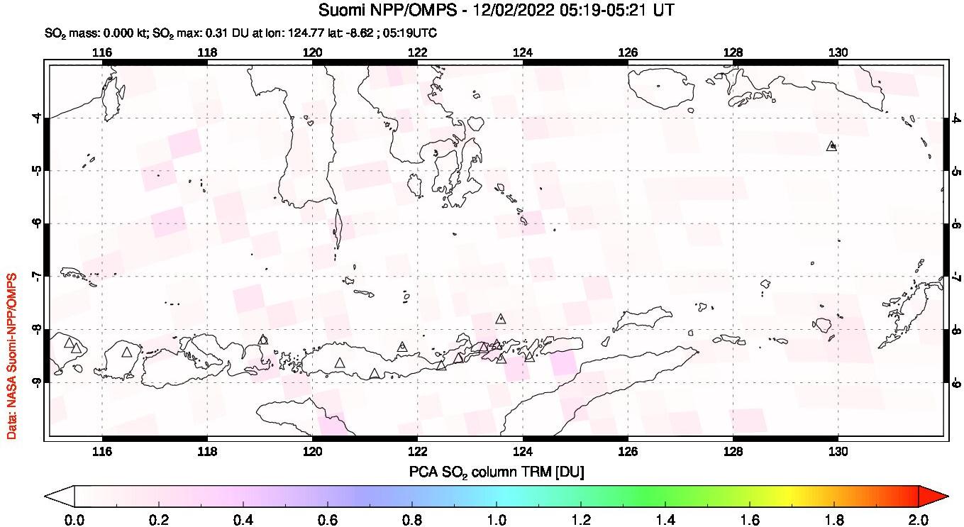 A sulfur dioxide image over Lesser Sunda Islands, Indonesia on Dec 02, 2022.