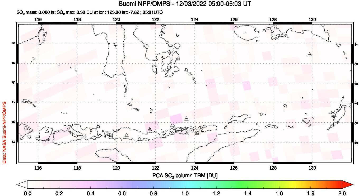 A sulfur dioxide image over Lesser Sunda Islands, Indonesia on Dec 03, 2022.