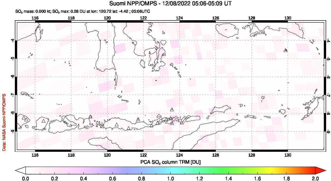 A sulfur dioxide image over Lesser Sunda Islands, Indonesia on Dec 08, 2022.