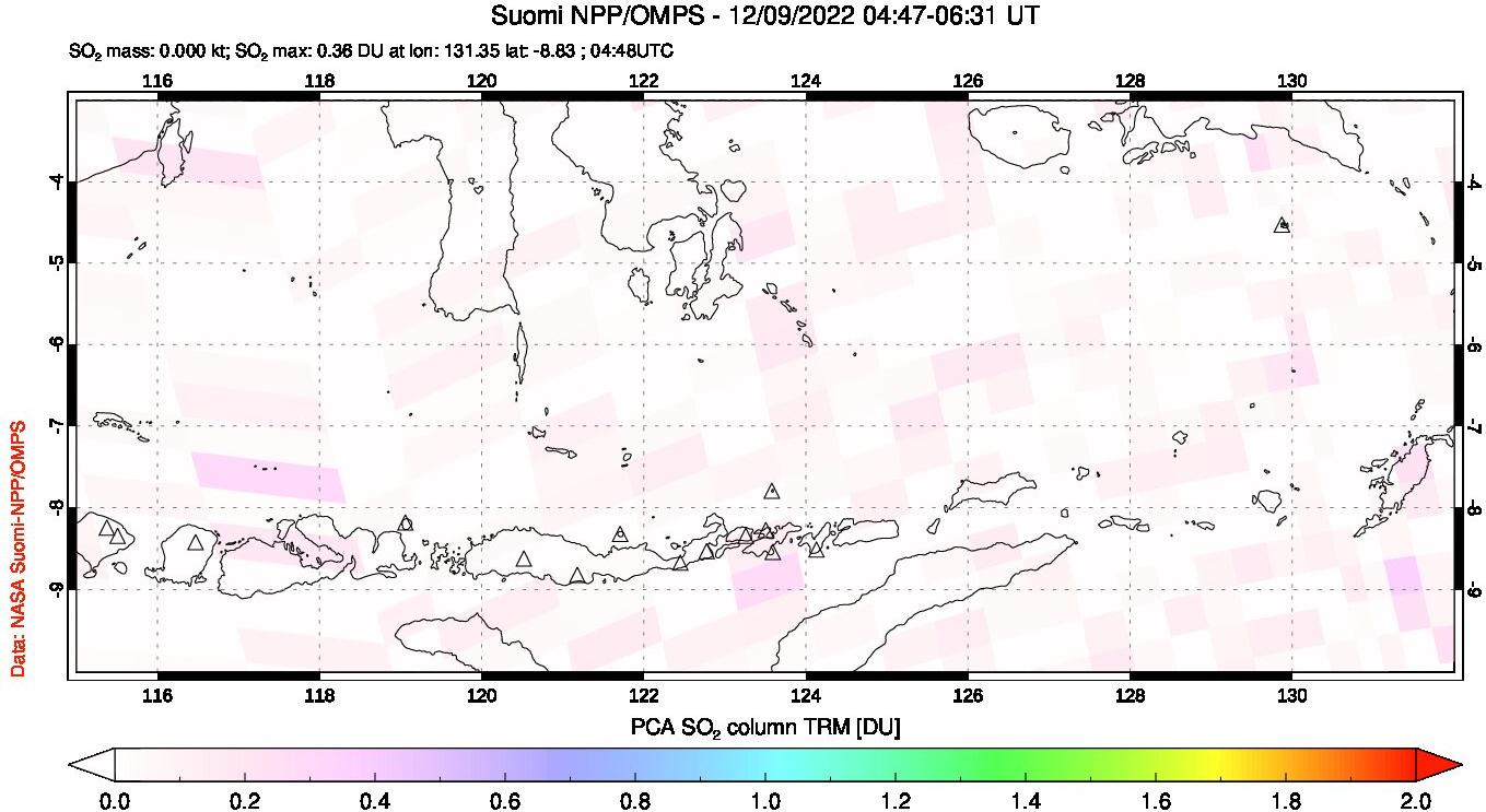 A sulfur dioxide image over Lesser Sunda Islands, Indonesia on Dec 09, 2022.