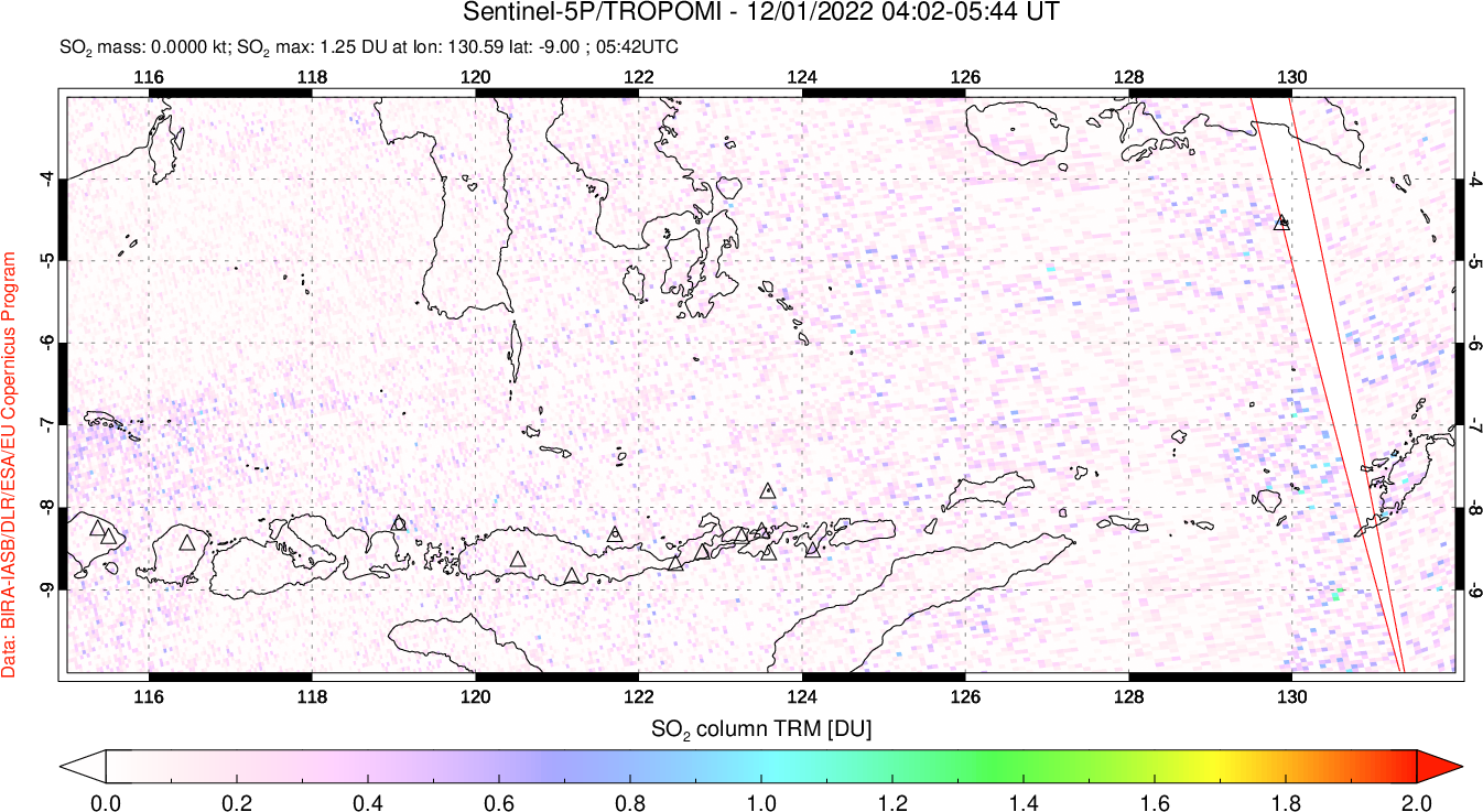 A sulfur dioxide image over Lesser Sunda Islands, Indonesia on Dec 01, 2022.