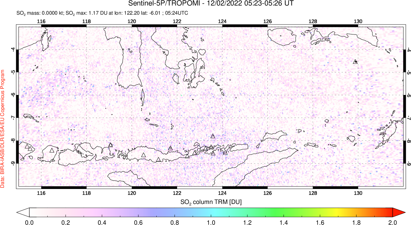 A sulfur dioxide image over Lesser Sunda Islands, Indonesia on Dec 02, 2022.