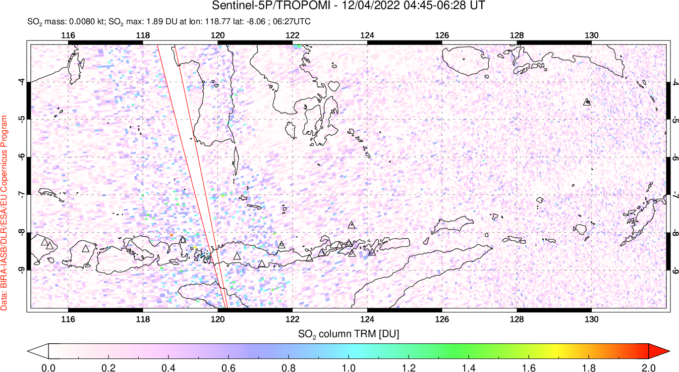 A sulfur dioxide image over Lesser Sunda Islands, Indonesia on Dec 04, 2022.