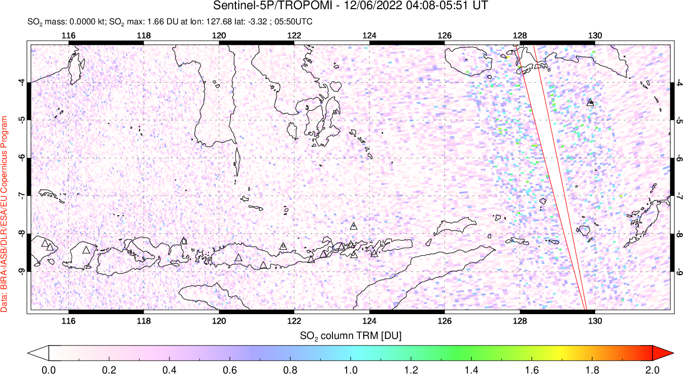 A sulfur dioxide image over Lesser Sunda Islands, Indonesia on Dec 06, 2022.