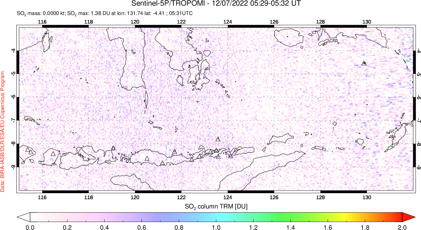 A sulfur dioxide image over Lesser Sunda Islands, Indonesia on Dec 07, 2022.