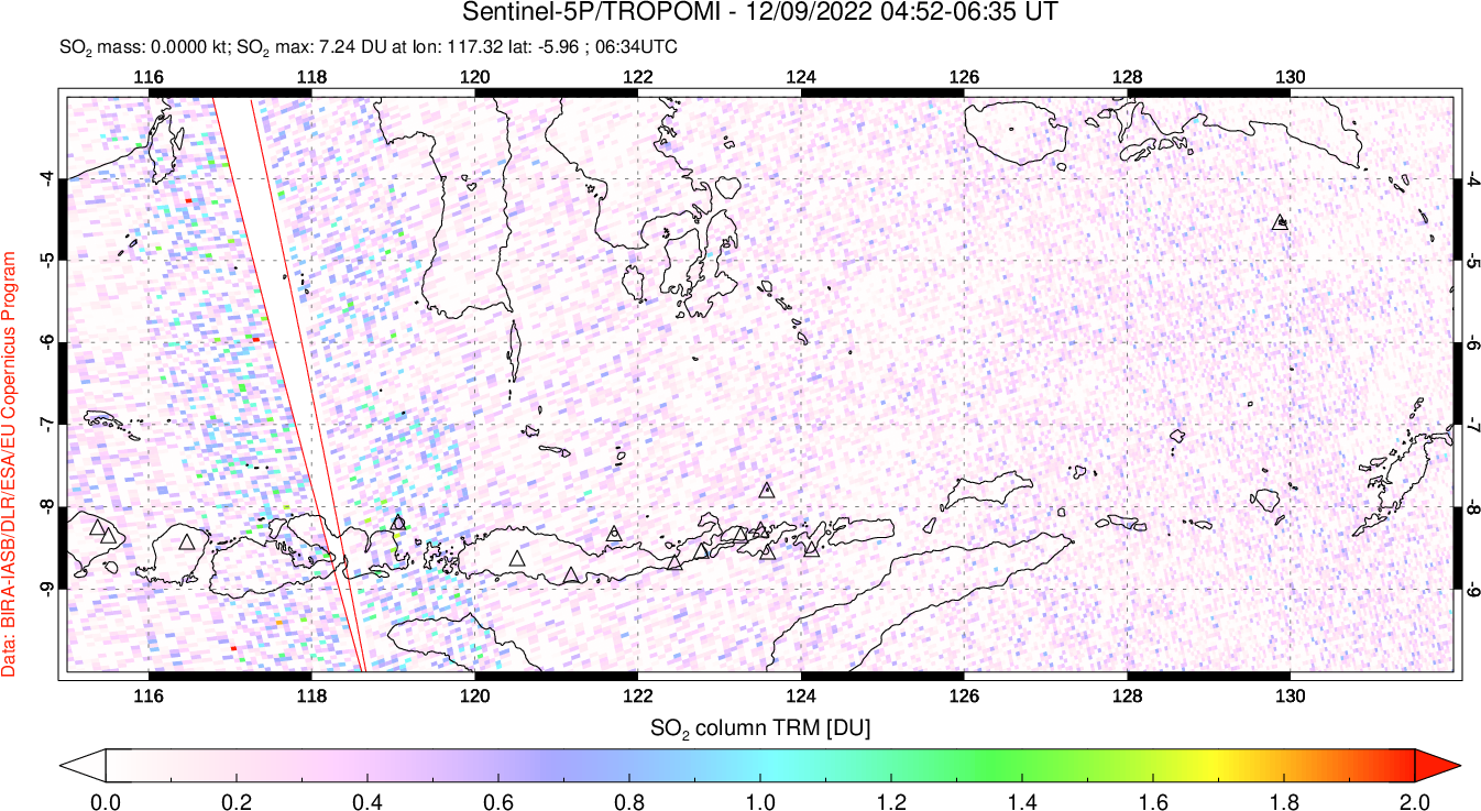A sulfur dioxide image over Lesser Sunda Islands, Indonesia on Dec 09, 2022.