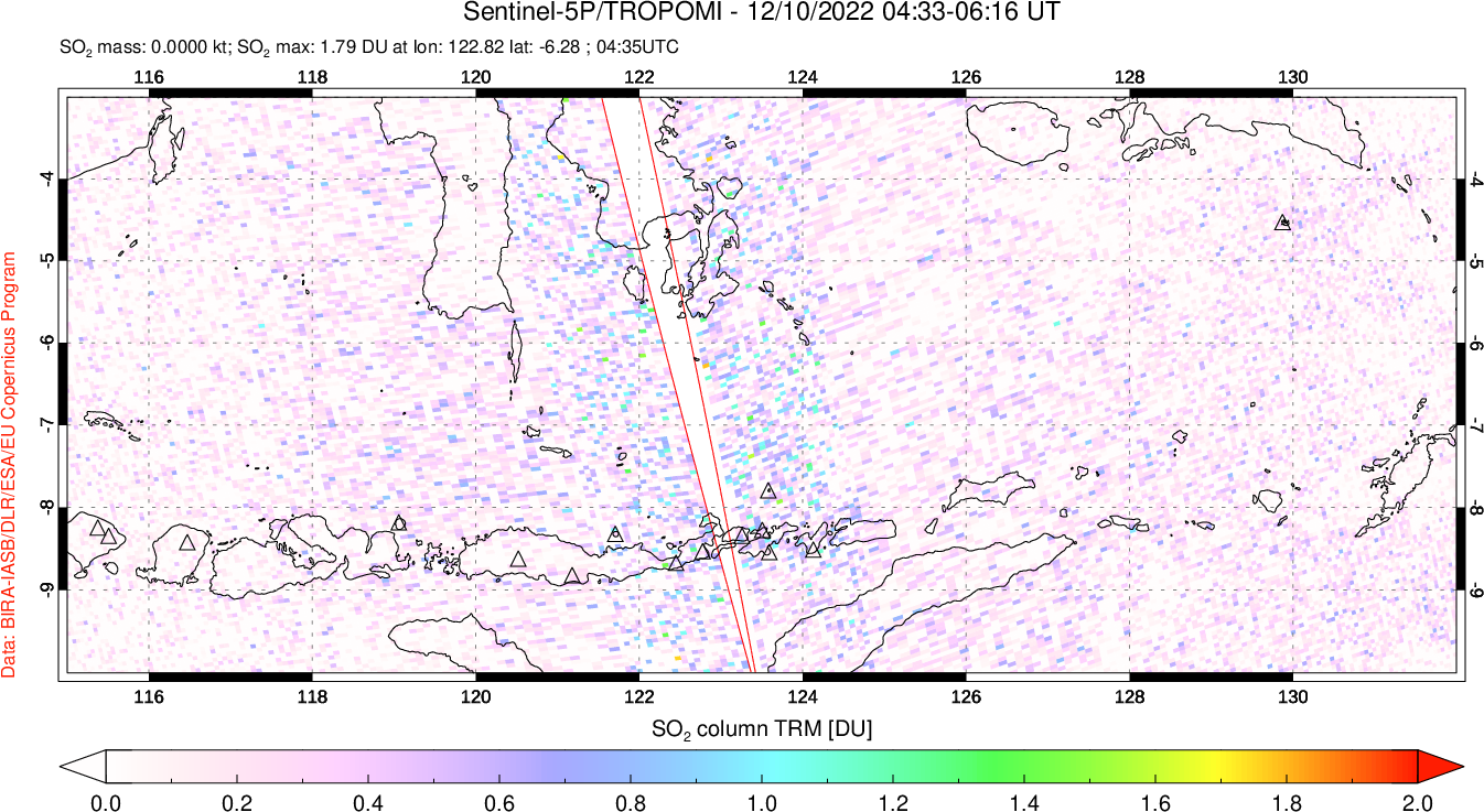 A sulfur dioxide image over Lesser Sunda Islands, Indonesia on Dec 10, 2022.