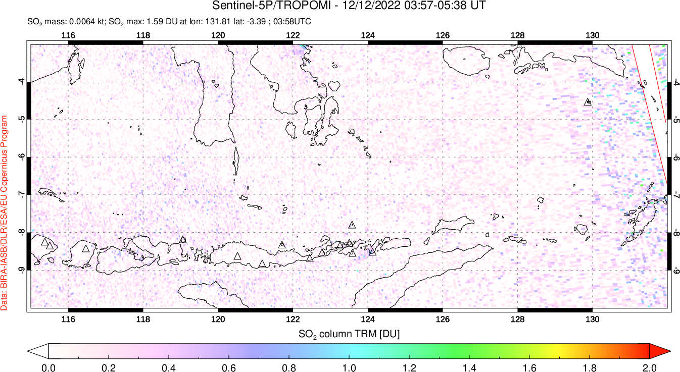 A sulfur dioxide image over Lesser Sunda Islands, Indonesia on Dec 12, 2022.