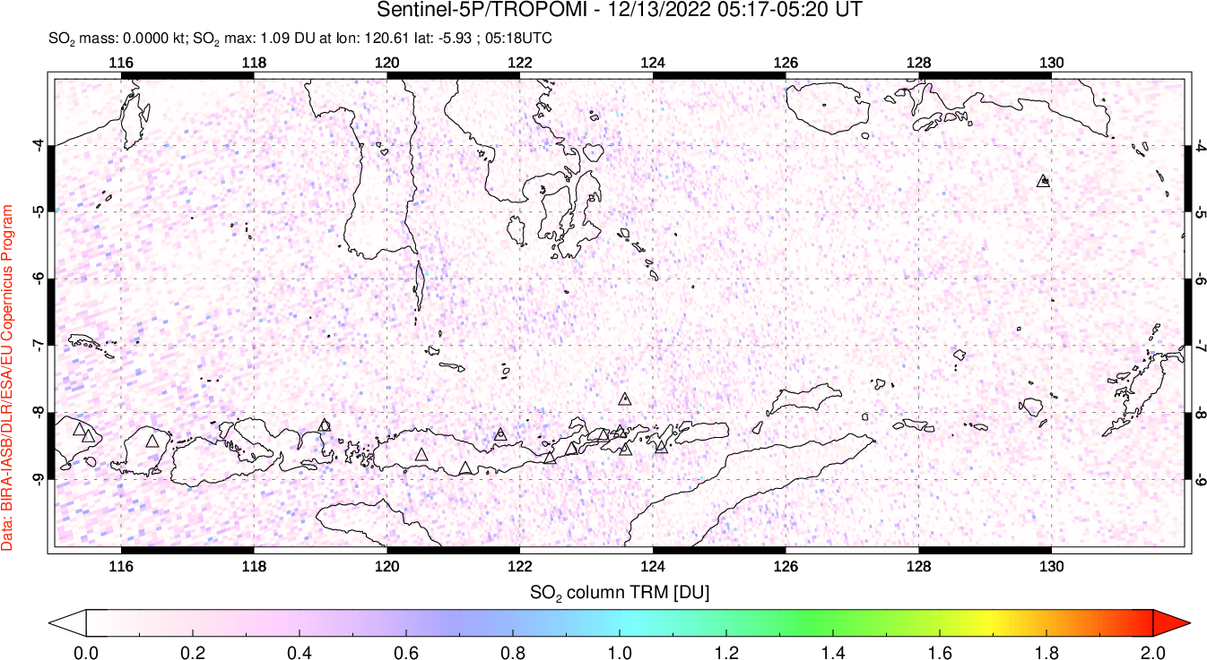 A sulfur dioxide image over Lesser Sunda Islands, Indonesia on Dec 13, 2022.