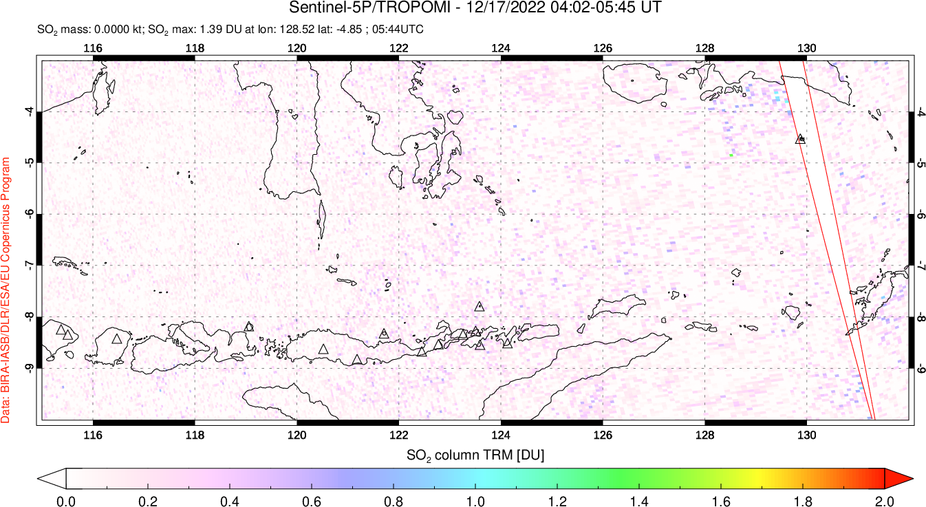 A sulfur dioxide image over Lesser Sunda Islands, Indonesia on Dec 17, 2022.