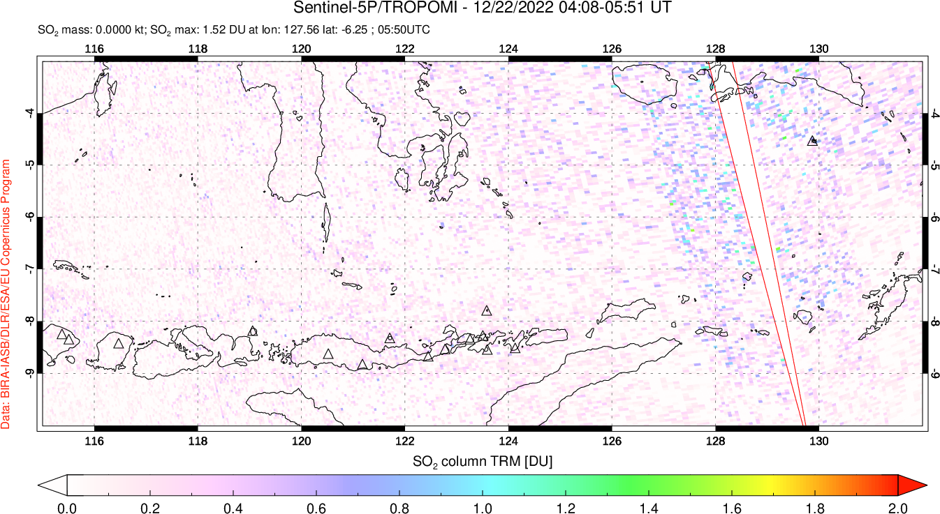 A sulfur dioxide image over Lesser Sunda Islands, Indonesia on Dec 22, 2022.