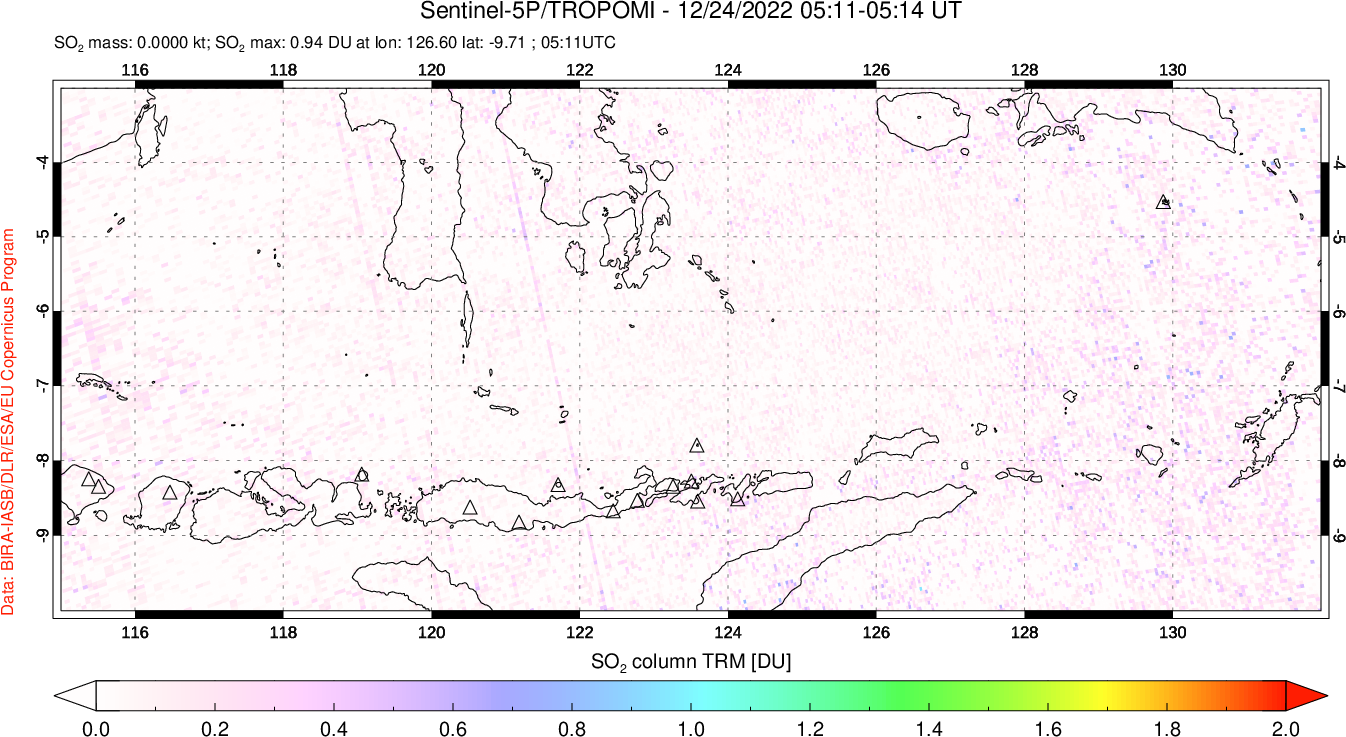A sulfur dioxide image over Lesser Sunda Islands, Indonesia on Dec 24, 2022.