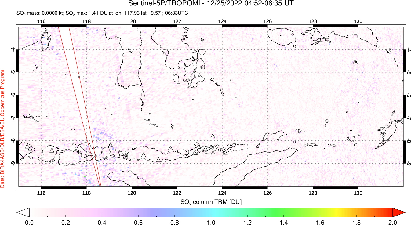 A sulfur dioxide image over Lesser Sunda Islands, Indonesia on Dec 25, 2022.