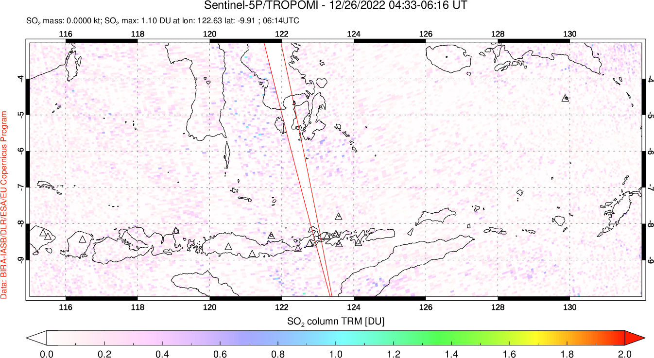 A sulfur dioxide image over Lesser Sunda Islands, Indonesia on Dec 26, 2022.