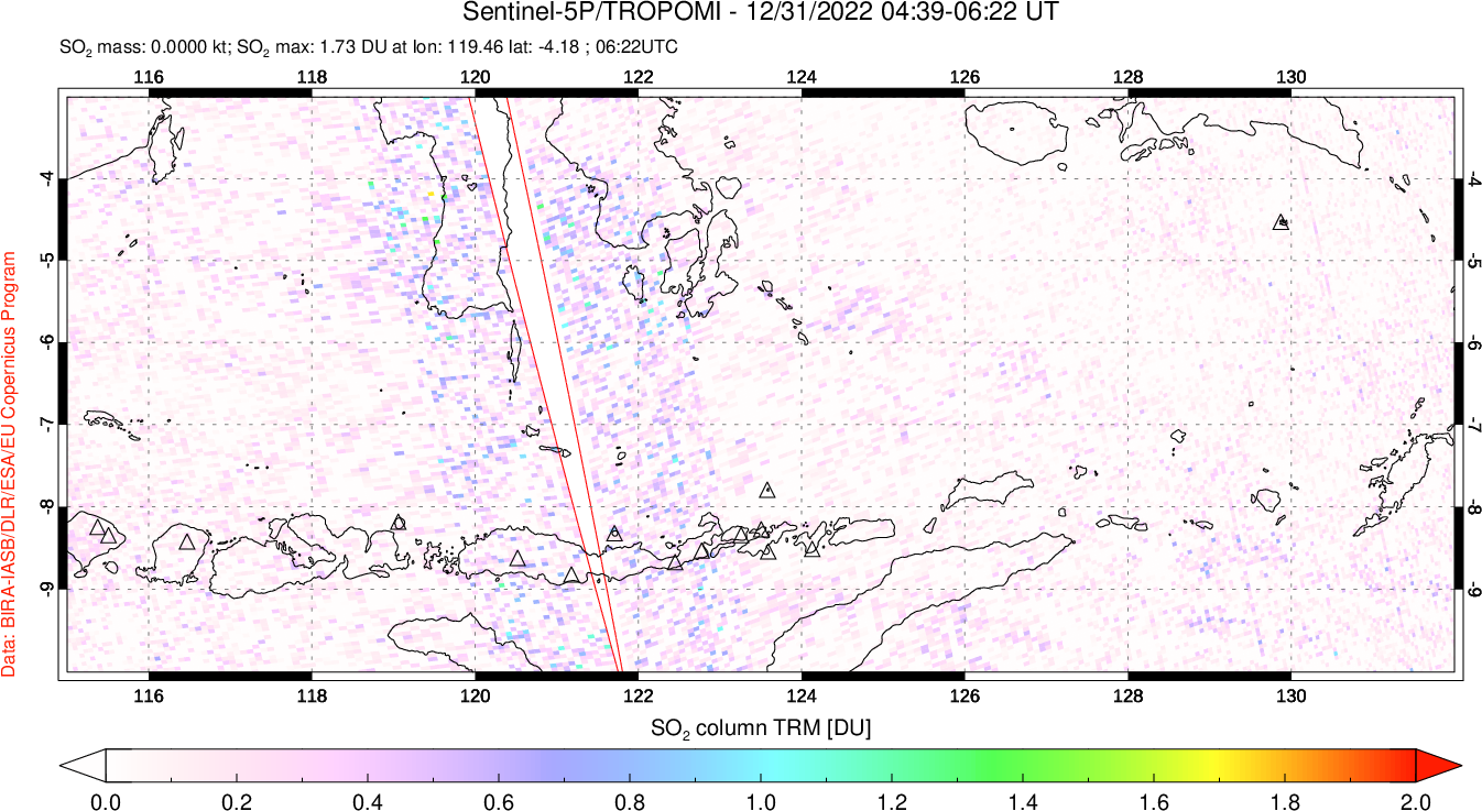 A sulfur dioxide image over Lesser Sunda Islands, Indonesia on Dec 31, 2022.
