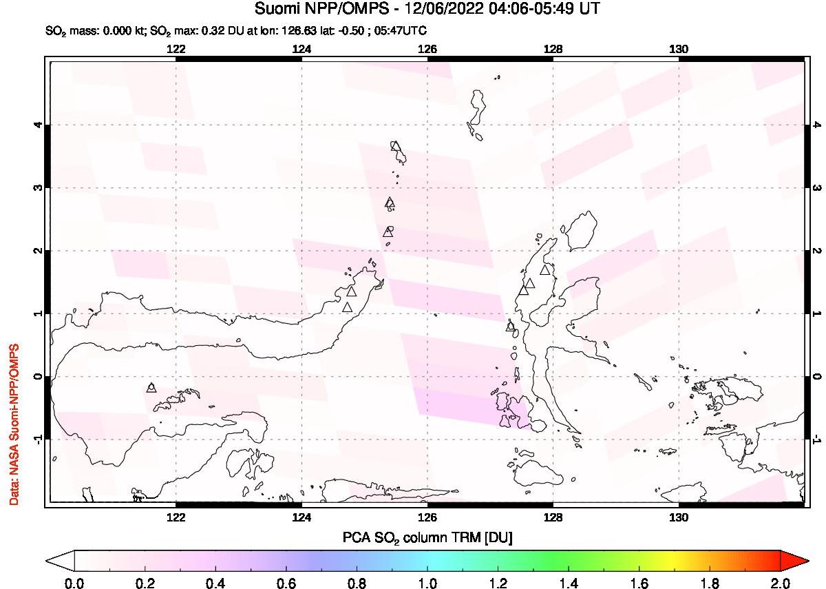 A sulfur dioxide image over Northern Sulawesi & Halmahera, Indonesia on Dec 06, 2022.