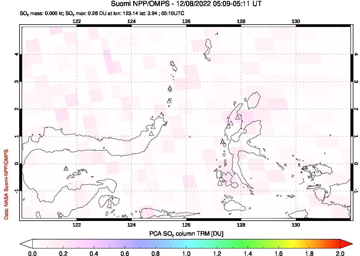 A sulfur dioxide image over Northern Sulawesi & Halmahera, Indonesia on Dec 08, 2022.