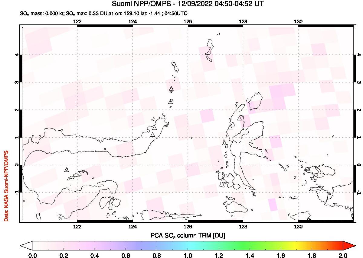 A sulfur dioxide image over Northern Sulawesi & Halmahera, Indonesia on Dec 09, 2022.