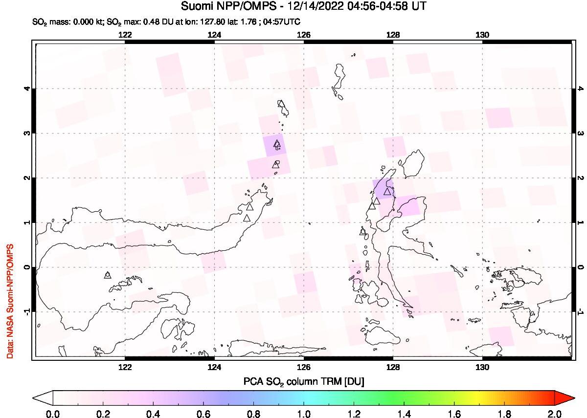 A sulfur dioxide image over Northern Sulawesi & Halmahera, Indonesia on Dec 14, 2022.