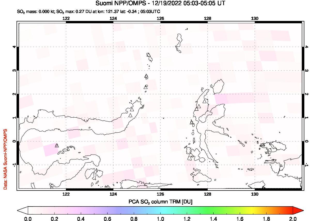 A sulfur dioxide image over Northern Sulawesi & Halmahera, Indonesia on Dec 19, 2022.