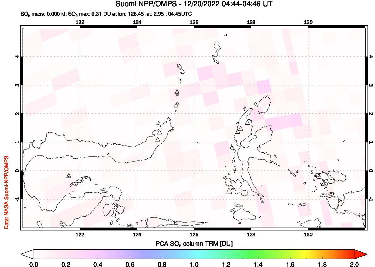 A sulfur dioxide image over Northern Sulawesi & Halmahera, Indonesia on Dec 20, 2022.