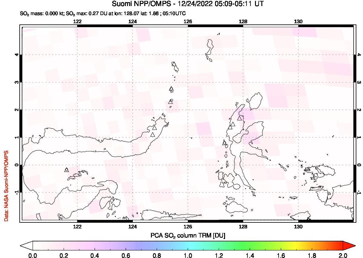A sulfur dioxide image over Northern Sulawesi & Halmahera, Indonesia on Dec 24, 2022.