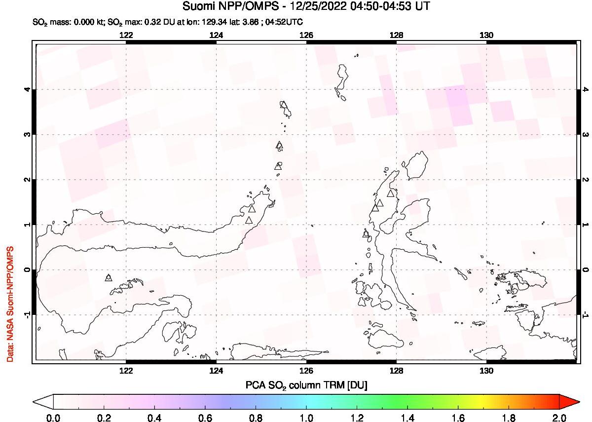 A sulfur dioxide image over Northern Sulawesi & Halmahera, Indonesia on Dec 25, 2022.