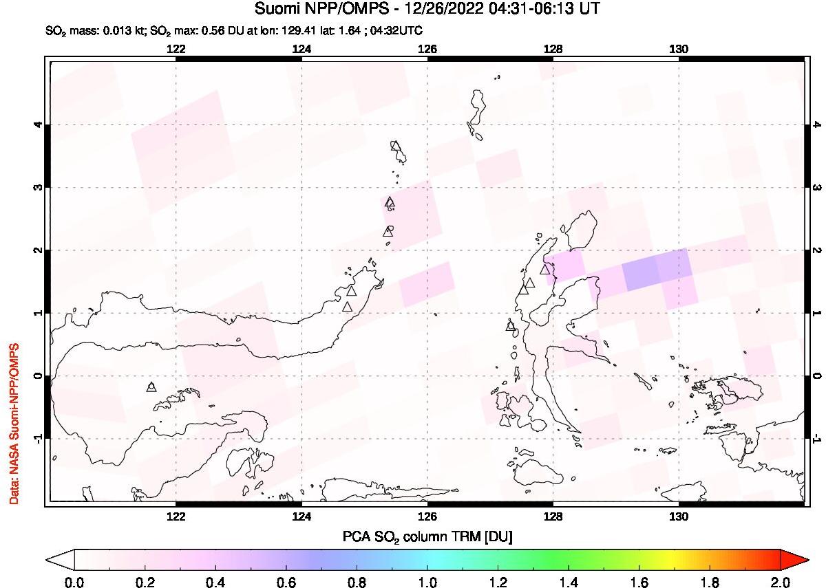 A sulfur dioxide image over Northern Sulawesi & Halmahera, Indonesia on Dec 26, 2022.