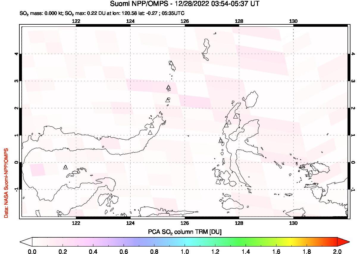 A sulfur dioxide image over Northern Sulawesi & Halmahera, Indonesia on Dec 28, 2022.