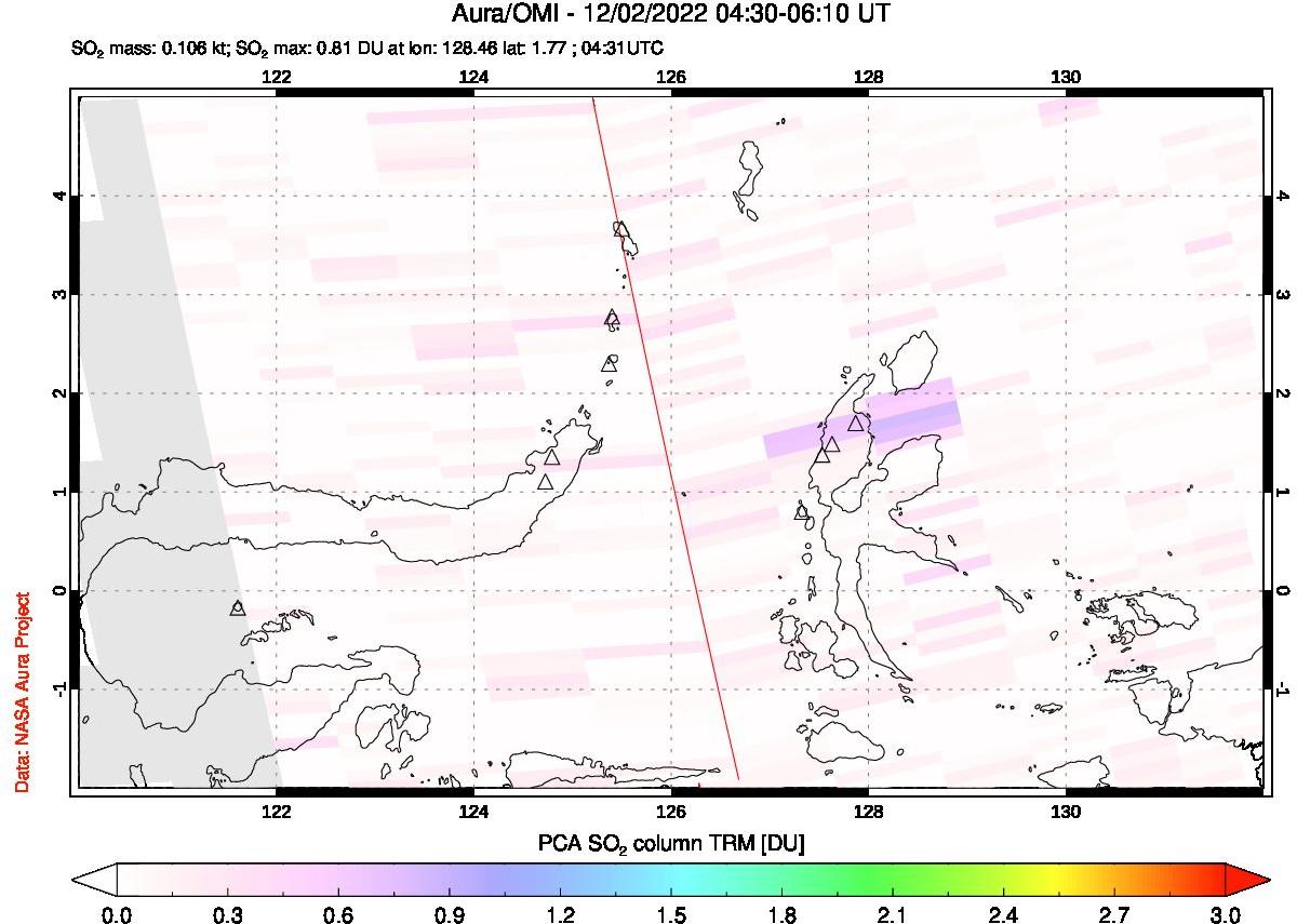 A sulfur dioxide image over Northern Sulawesi & Halmahera, Indonesia on Dec 02, 2022.